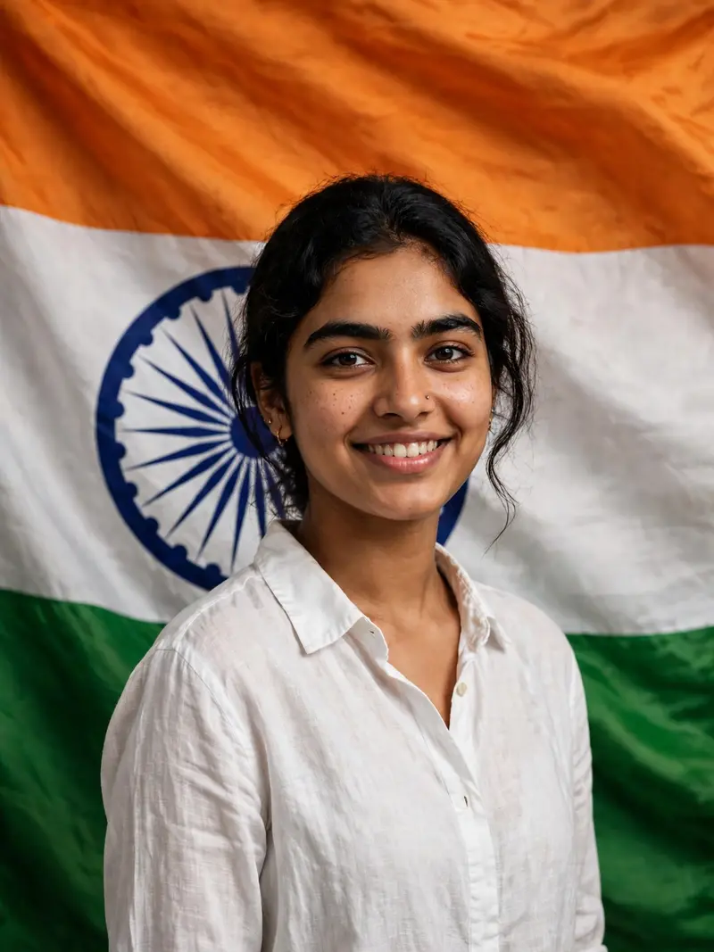 A hyper-realistic studio portrait of a 20-year-old Indian [boy/girl] standing directly in front of a massive, gently waving Indian national flag that