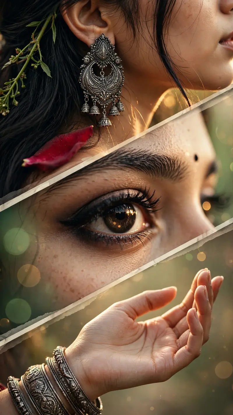 Exclusive luxury cinematic three-panel diagonal editorial collage of a young South Asian woman, designed with seamless layered diagonal framing and
