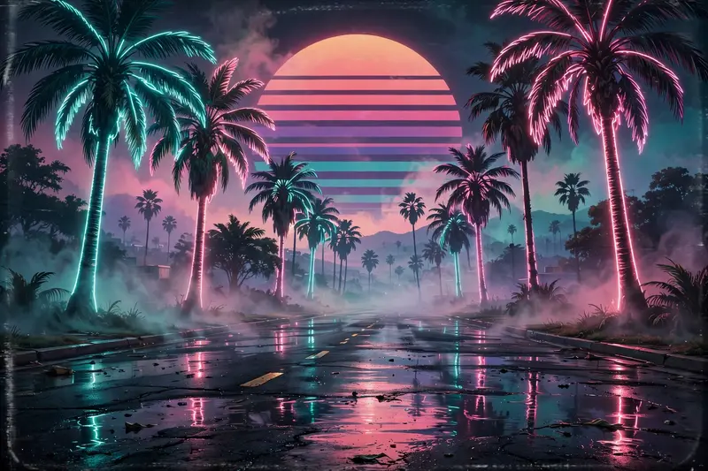 Palm trees glowing with neon outlines under a huge striped retro sun, wet asphalt reflecting pink and teal light, vaporwave dreamscape, soft fog
