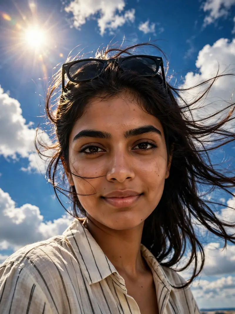Ultra-realistic close-up portrait of the SAME young South Asian woman from the uploaded image, captured from a dramatic low-angle perspective using