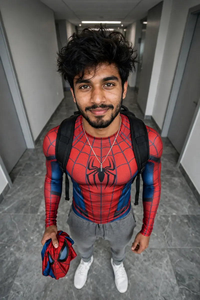 A high-angle, full-length shot of a young, athletic South Asian man with a well-groomed beard and messy, voluminous dark hair. He is wearing a