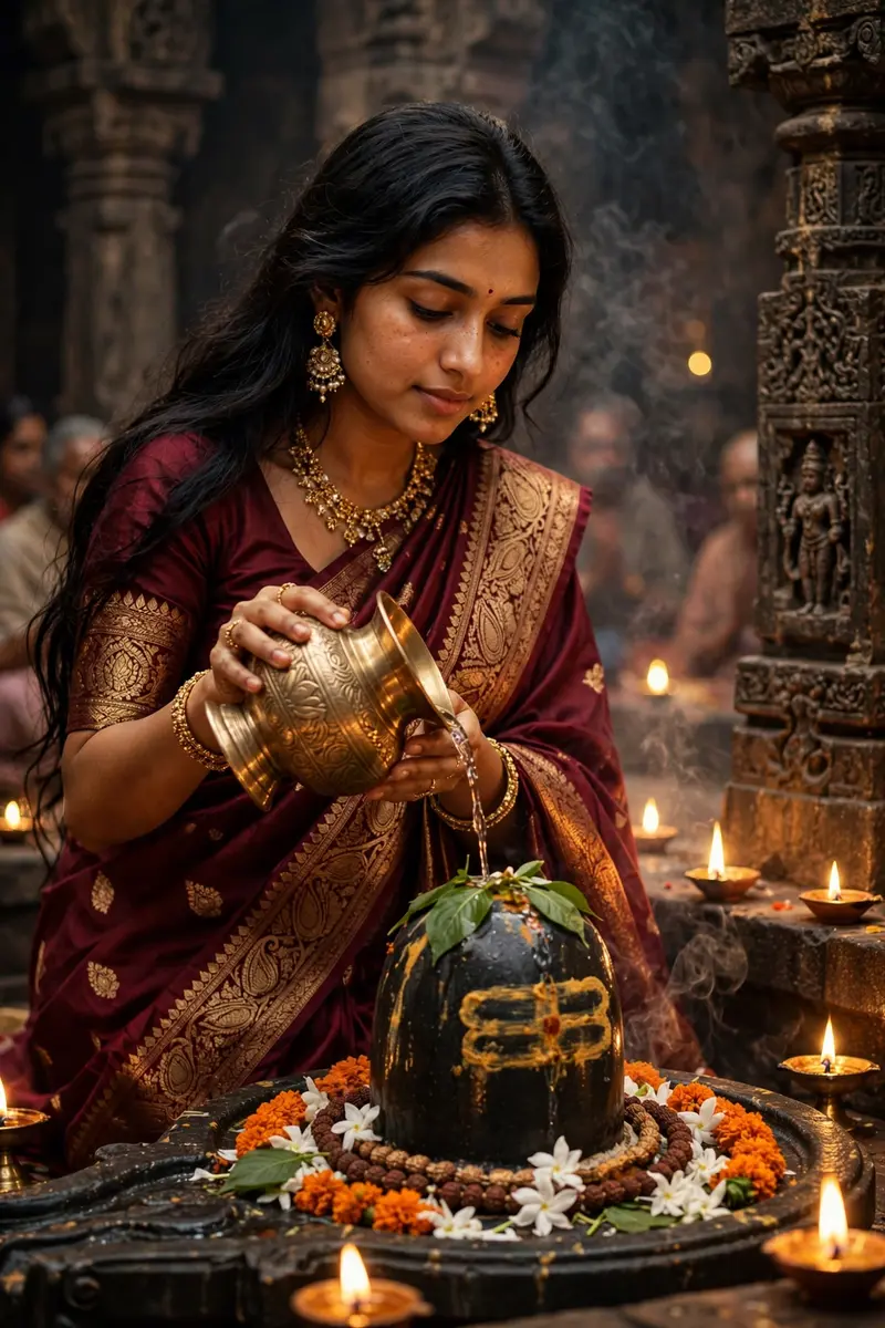 Ultra-realistic DSLR cinematic portrait of a beautiful young Indian woman performing the sacred Shiv Abhishek ritual inside a centuries-old ancient