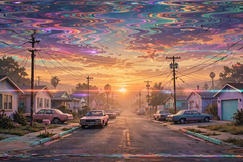A suburban street frozen in eternal golden-hour dusk, VHS tape distortion warping the sky, retro sedans parked along pastel curbs, vaporwave