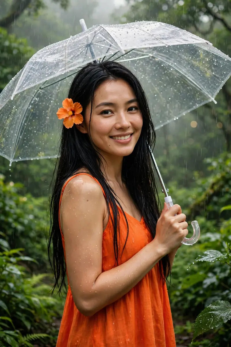 Ultra-realistic cinematic DSLR portrait of the same woman, preserving her exact facial identity, standing in a lush green garden during gentle