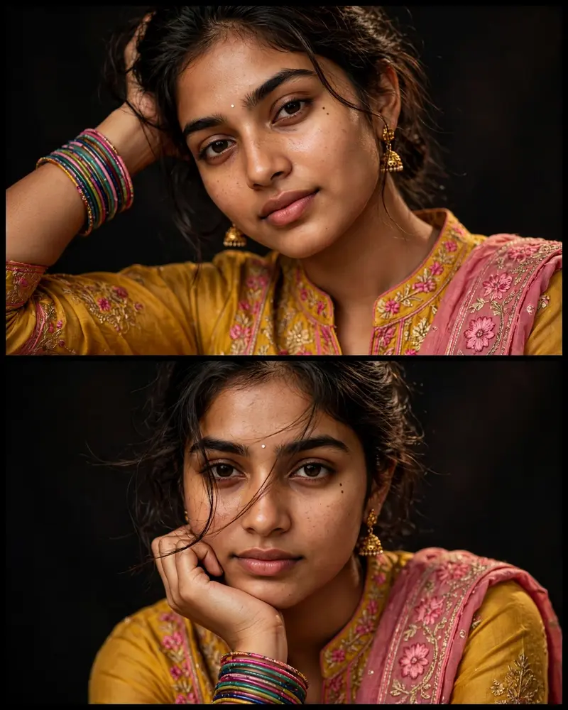 Use the uploaded reference image for facial consistency. Create an ultra-realistic 4:5 vertical DSLR portrait collage with two stacked close-up