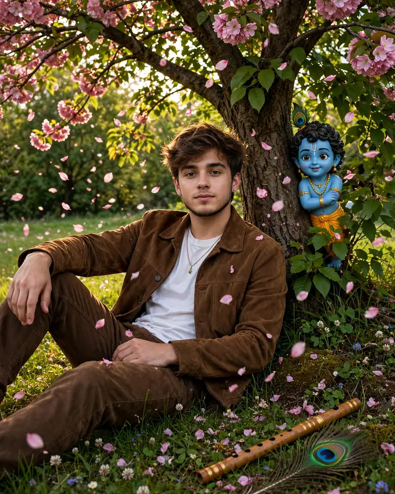 Same face Same outfit 101% face don’t change: ultrawide. Upper-angle low-angle shot young man. Change this background: Add a green tree behind the