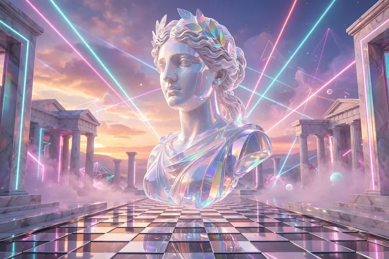 A towering Greek bust rendered in translucent holographic pastel glass, floating above a chrome checkerboard floor, vaporwave temple aesthetic, laser