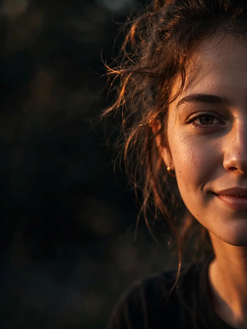 Create an ultra-realistic cinematic golden hour portrait of a young person (male or female), captured in a close-up shot with only half of the face
