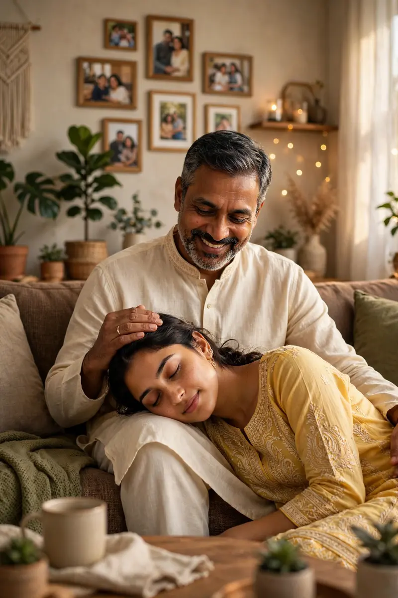 Create a Father's Day portrait featuring [PERSON NAME OR DESCRIPTION] as the daughter and her father sitting in a cozy living room. The father is