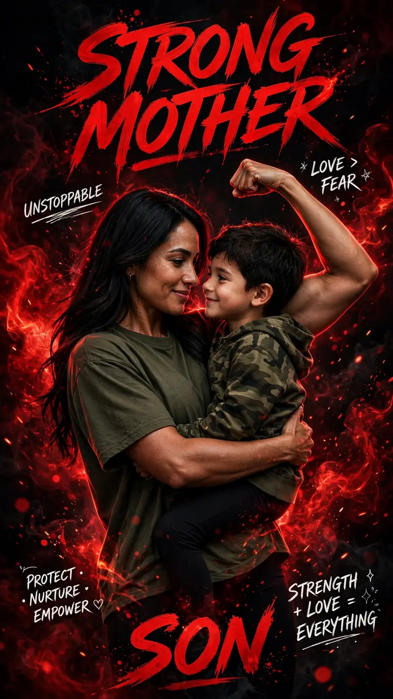 Ultra-realistic cinematic poster design featuring a strong mother holding her young son in her arms, emotional bonding moment, both smiling softly