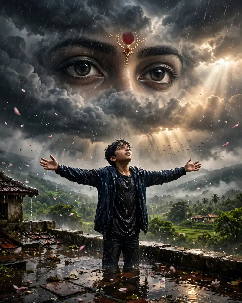 Create a cinematic Ultra HD fantasy scene using the uploaded photo. A boy stands on a rooftop with arms spread wide in heavy rain, while giant