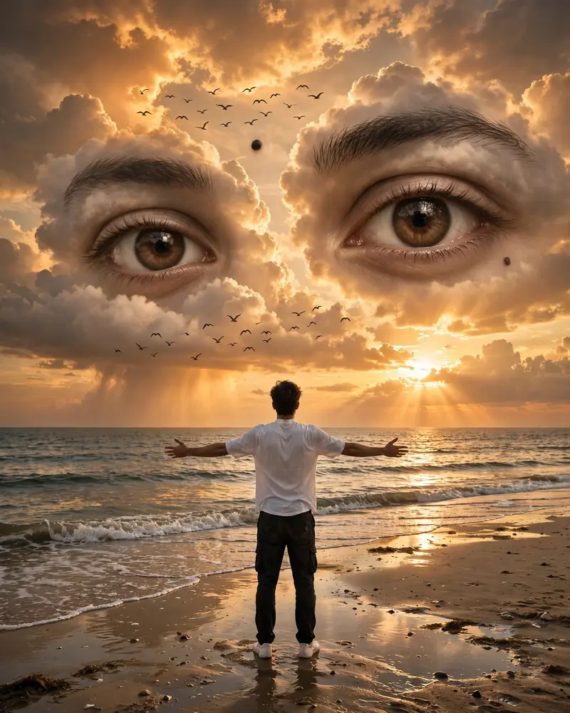 Ultra-realistic DSLR beach photography of a young man standing on the shoreline with his back facing the camera, both arms fully open wide, looking