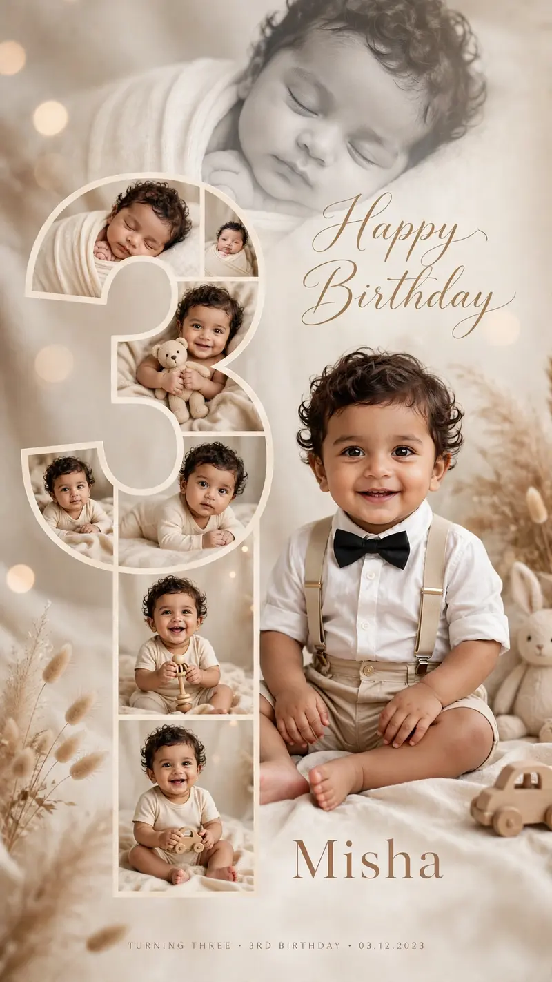 Cute baby boy 3rd birthday collage poster, soft white and beige aesthetic, adorable Indian baby boy with big eyes and cute smile, wearing white