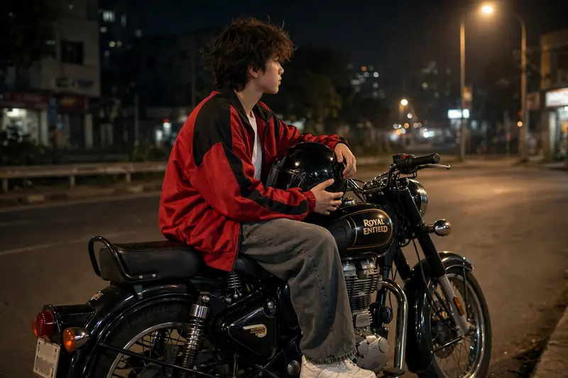 A REALISTIC OUTDOOR NIGHTTIME HANDHELD SMARTPHONE PHOTO, RANDOM CANDID AND UNPOSED, FEATURING THE BOY FROM THE UPLOADED IMAGE. HE IS SITTING SIDEWAYS
