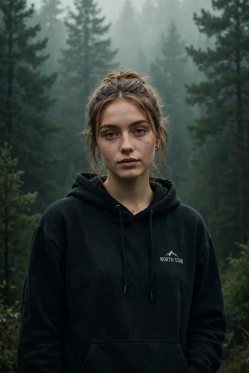 Cinematic moody forest color grading, dark green pine forest background, muted colors, soft matte finish, deep shadows, low saturation, foggy