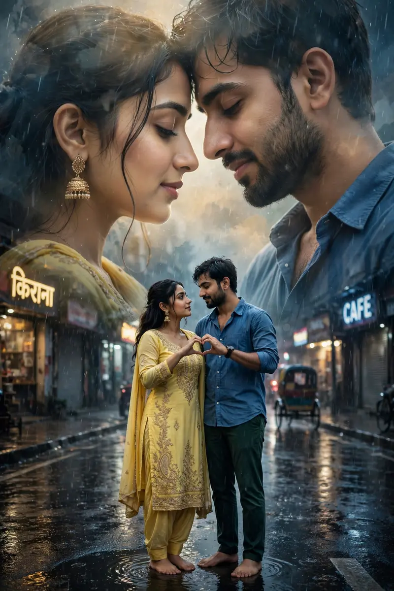 Ultra-realistic romantic rainy street portrait of a young South Asian couple standing barefoot on a wet city road, the woman wearing a beautiful