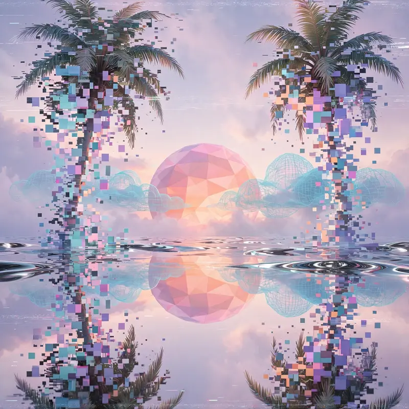 Glitching palm trees dissolving into pixels above a mirrored chrome ocean, vaporwave dreamscape, giant low-poly sun setting behind wireframe clouds