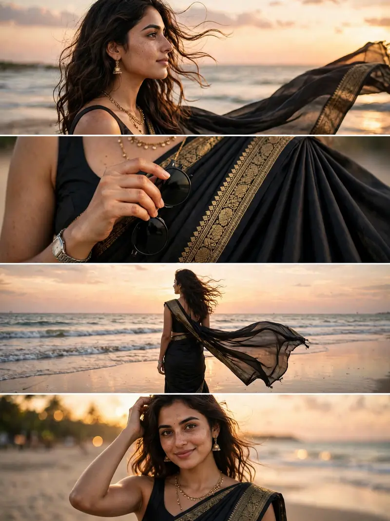 Ultra-realistic DSLR cinematic beach photoshoot collage featuring the same woman from the uploaded reference image. Preserve facial identity exactly