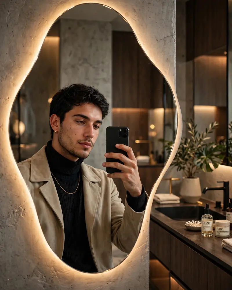 Ultra-realistic mirror selfie of a fashionable young man in a luxury contemporary dressing room. Large irregular organic-shaped mirror with