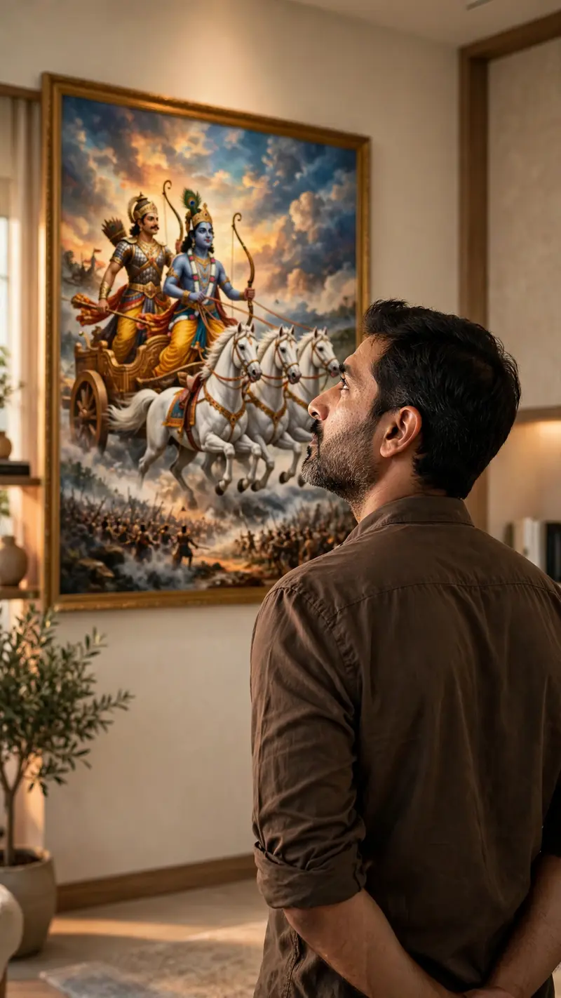 Transform the uploaded reference person into an ultra-realistic cinematic Bhagavad Gita inspired scene while preserving ONLY the exact facial