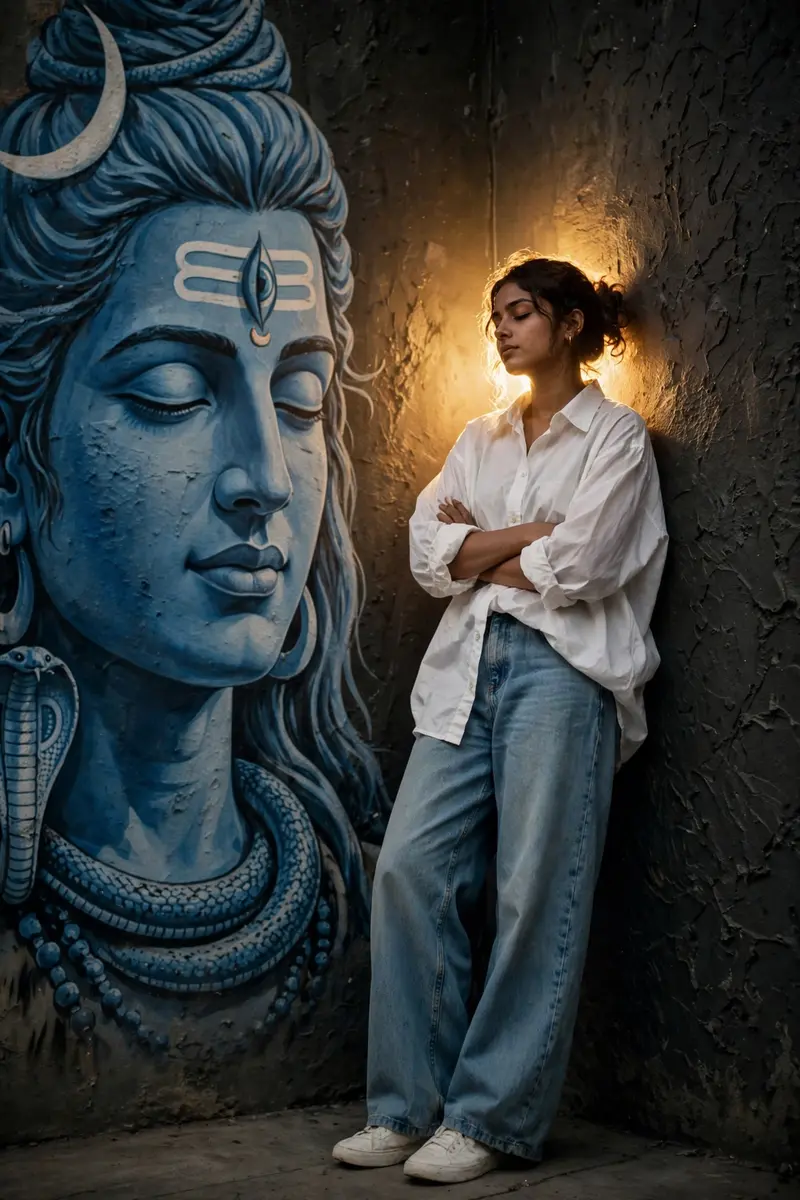 A cinematic, full-length portrait of a young South Asian woman with closed eyes and crossed, wearing an oversized white button-down shirt and