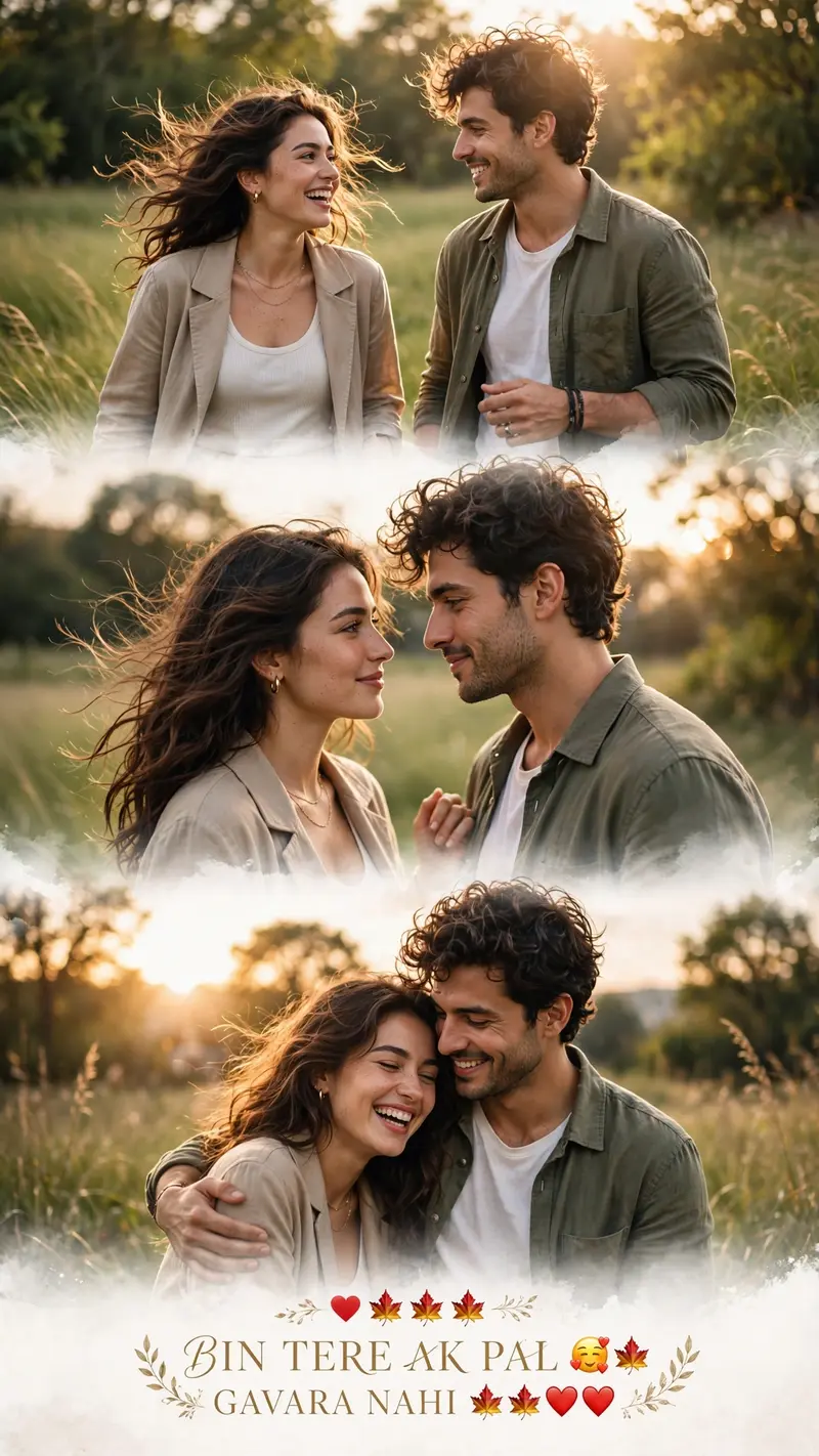 Create a cinematic vertical triptych collage of a stylish romantic couple in a dreamy green field under bright natural sunlight. Divide the collage