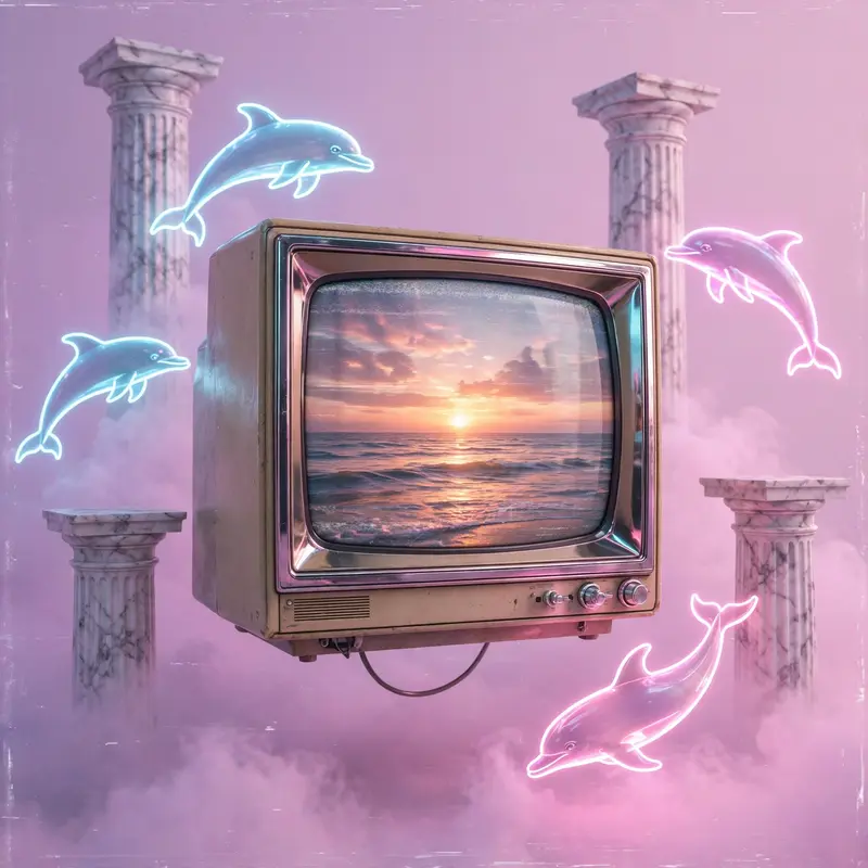 A retro CRT television floating in a pastel void, playing a loop of ocean sunsets, surrounded by marble columns and floating neon dolphins, vaporwave