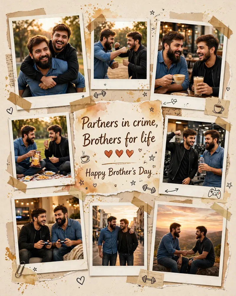 Ultra realistic cinematic Brother-Brother scrapbook collage using the TWO uploaded reference photos ONLY. Preserve the EXACT facial identity, skin