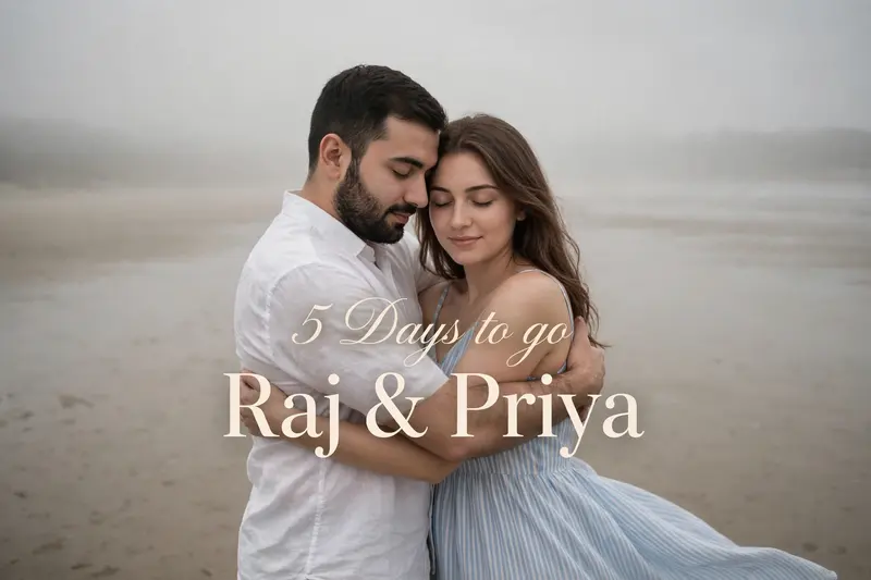 A soft, romantic pre wedding photograph of a young couple embracing on a vast, sandy beach. The man, with a short, dark beard, wears a crisp white