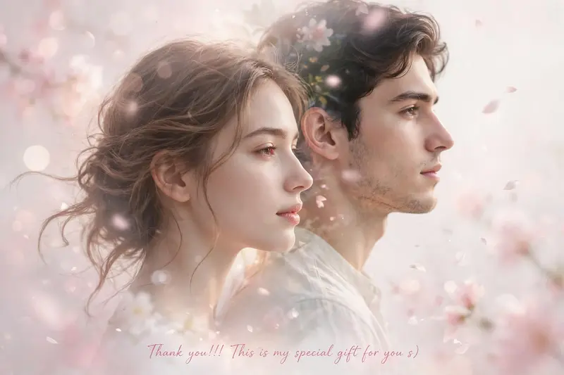 A soft romantic double exposure portrait of a young man and woman, artistically blended together. The woman is on the left side in side profile