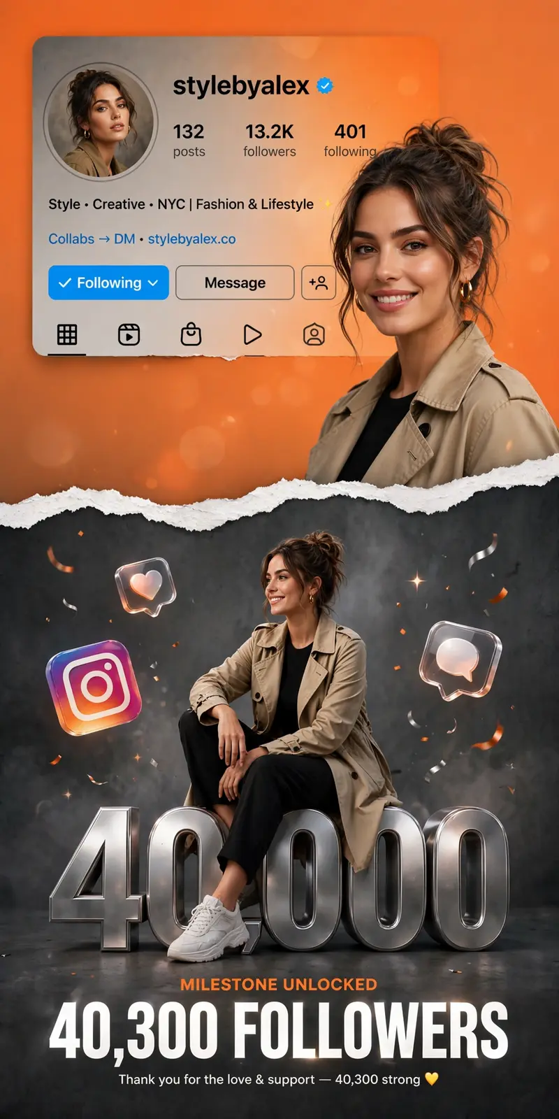 Instagram milestone poster celebrating 40300 followers. The main subject is stylishly posing in two different positions - one full-body sitting pose
