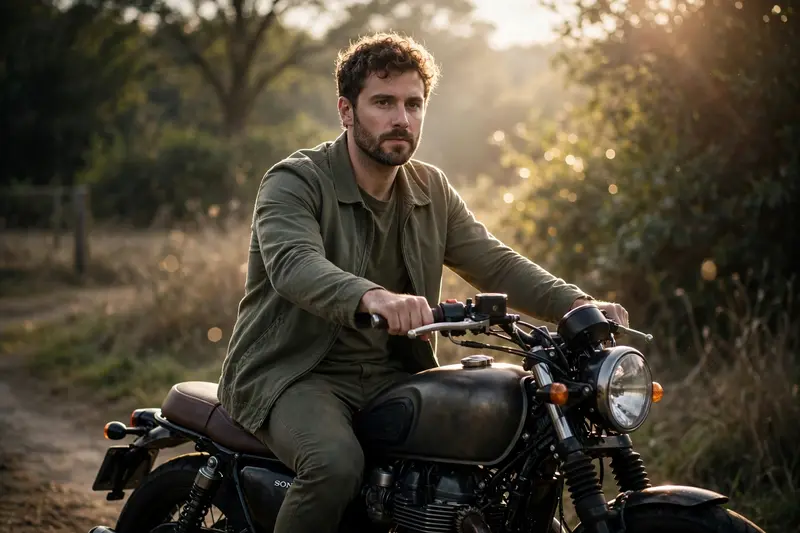 Create a professional cinematic studio-style edit of the uploaded photo while keeping the person’s face, hairstyle, beard, skin tone, body