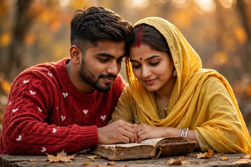 A warm, cinematic portrait of a young Indian couple sitting at a rustic wooden table outdoors. The man on the left is wearing a textured red sweater