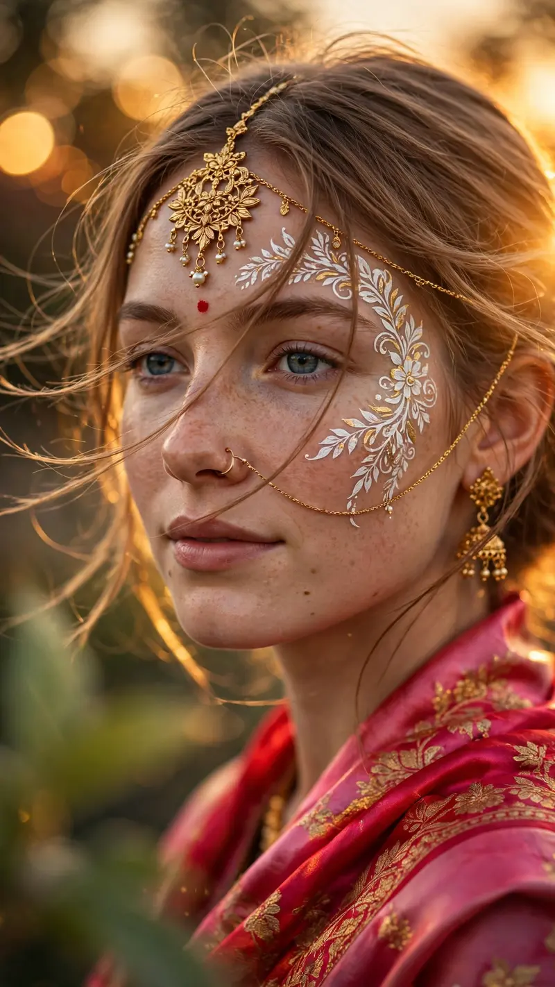 Use the attached image/s of the model as facial reference and physical features, keeping her real face. A graceful close-up portrait of her captured