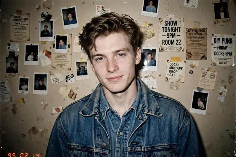 A young man with the same unchanged face and pale, soft complexion, captured in a raw 90s disposable snapshot. Modern hairstyle, faint smirk. He’s