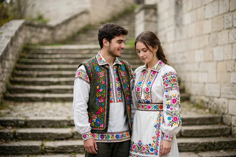 A romantic wide shot of a couple in matching white and colorful embroidered traditional outfits. The man looks at the woman with a smile; she is
