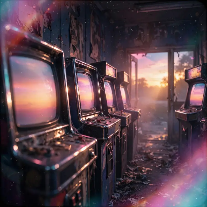 An abandoned arcade glowing faintly at dusk, CRT screens flickering with sunset gradients, chrome trim catching last light, vaporwave photography