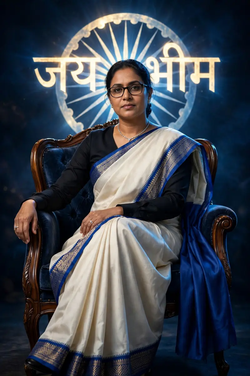 Use uploaded image for match create a powerful portrait cinematic full-body portrait of a confident Indian woman leader seated authoritatively on a
