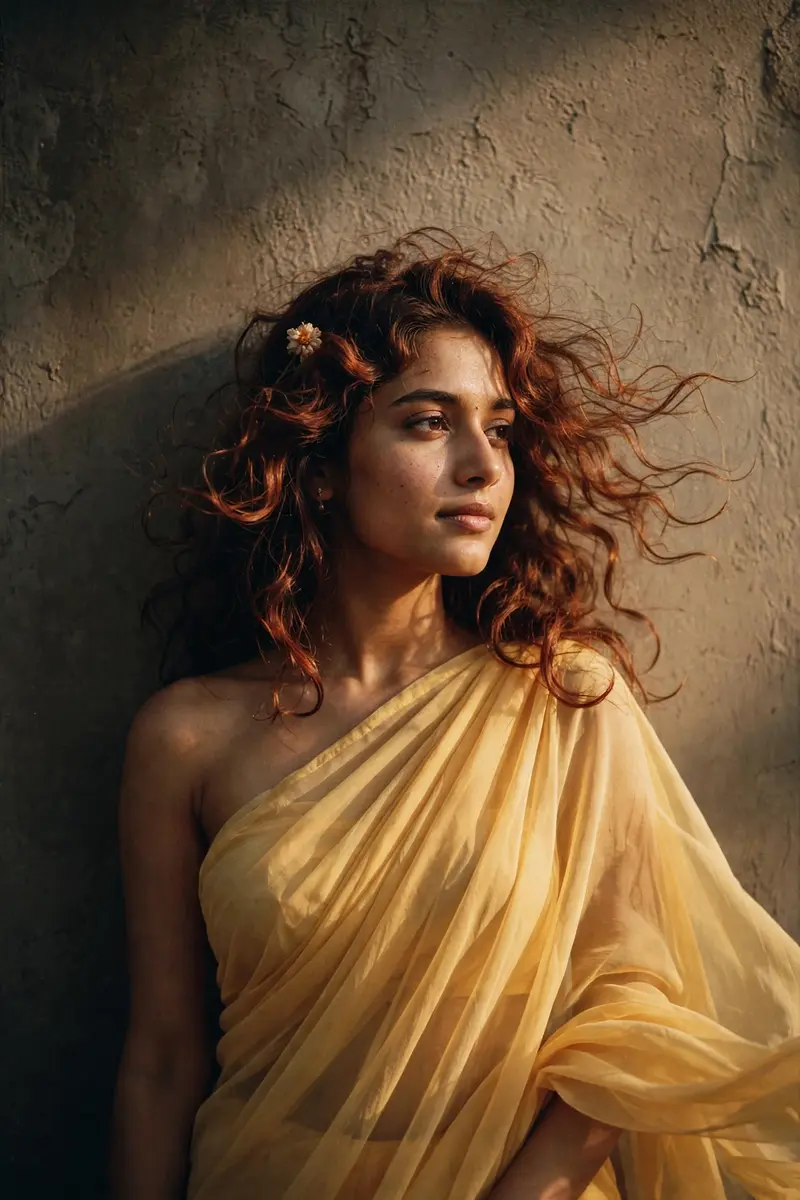 Create a retro vintage grainy yet bright Pinterest-inspired image based on the reference picture. The girl is draped in a perfect plain chiffon saree