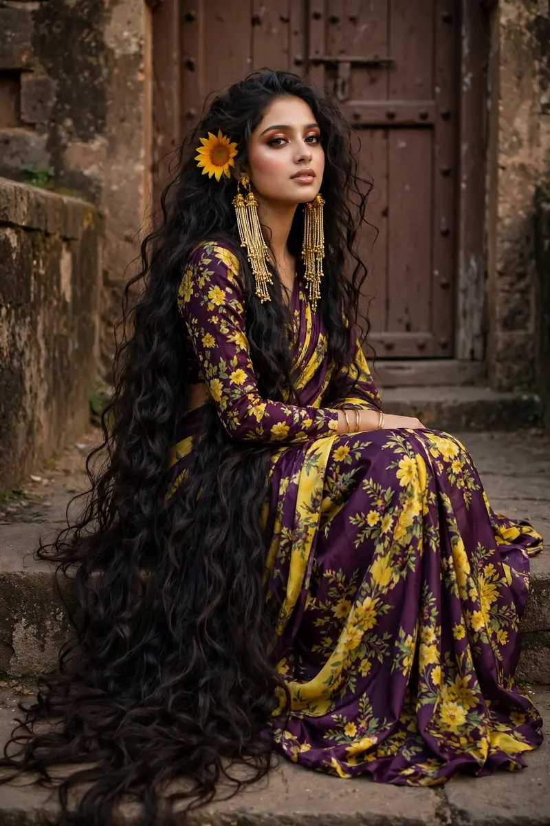 create a realistic HD portrait of a young woman wearing a deep purple and yellow combination floral saree with full sleeve matching blouse.She is