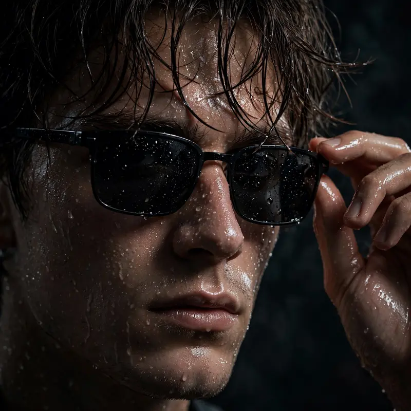 ULTRA-REALISTIC, CINEMATIC CLOSE-UP PORTRAIT OF A YOUNG MAN WITH WET, GLISTENING SKIN AND DAMP, MESSY HAIR FALLING NATURALLY OVER HIS FOREHEAD