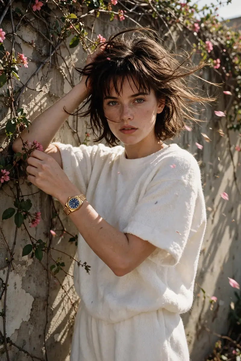Create a grainy retro vintage of a young woman standing front of wall with wearing loose white wool T-shirt and pant, luxury formal watch,hair like