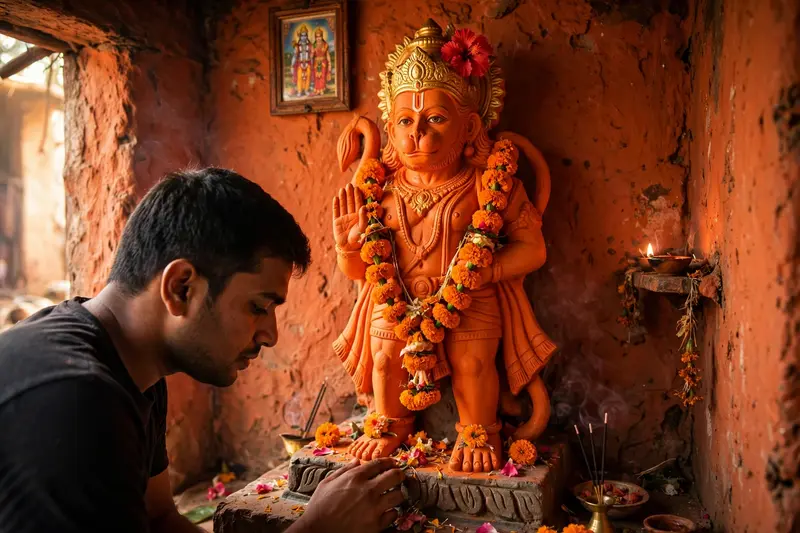 A high-quality, realistic image of a devotional moment. A [Description of you] wearing a simple, dark t-shirt is touching the base of a towering