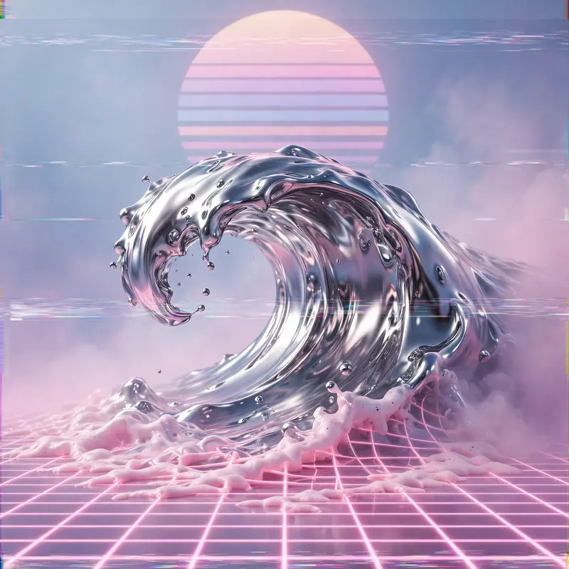 Metallic chrome ocean waves frozen mid-curl under a striped pastel sun, vaporwave 3D render, pink foam dissolving into grid lines, serene