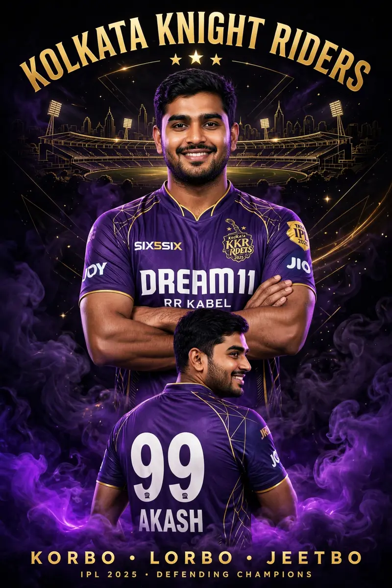 Create a dramatic IPL-style poster using my photo. Keep my facial features exactly the same as in my photo but put me in a kolkata knight riders