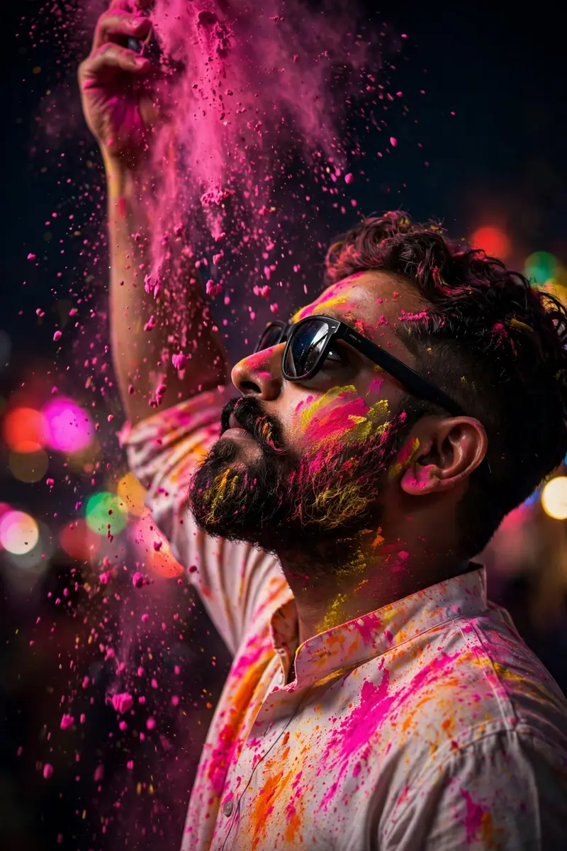 PromptUltra-realistic cinematic Holi night portraitusing my uploaded photo as the face reference, side profileposelookingupward, wearing stylishblack
