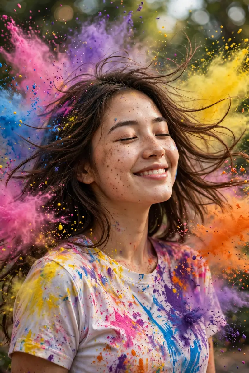 Ultra-realistic DSLR portrait of a young woman celebrating Holi, eyes closed with a joyful smile. Long brown hair flowing, wearing a white top
