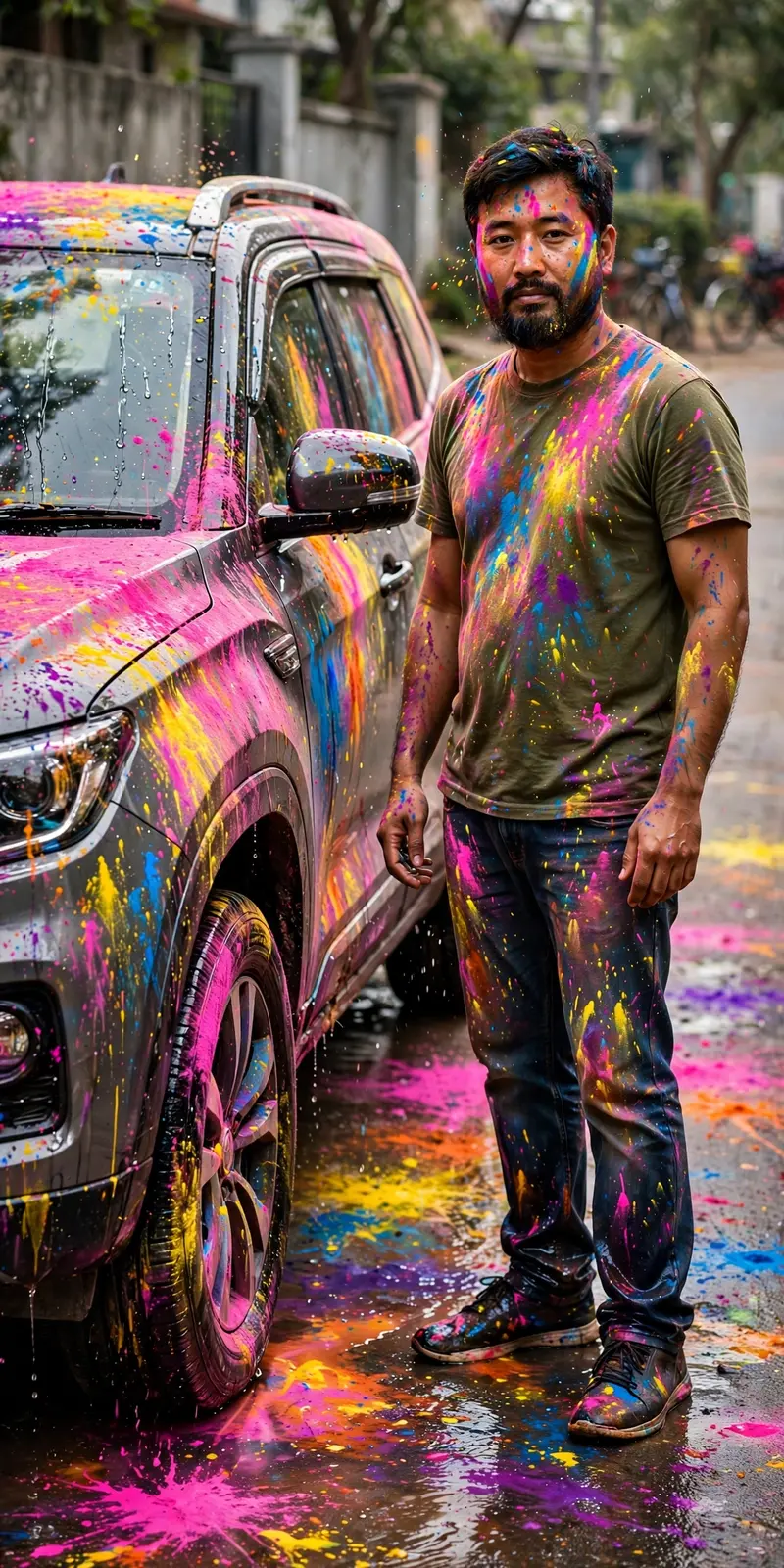 Ultra-realistic cinematic PORTRAIT photo of my vehicle with person if present, fully covered in vibrant Holi colors. Bright gulal on vehicle body