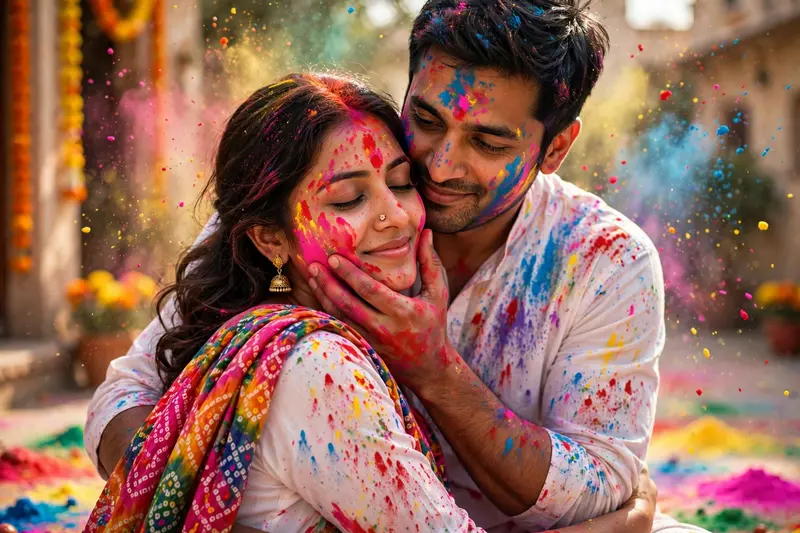 Holi Couples prompt celebrating Holi, the festival of colors. The man is embracing the woman from behind, with his hand gently touching her face