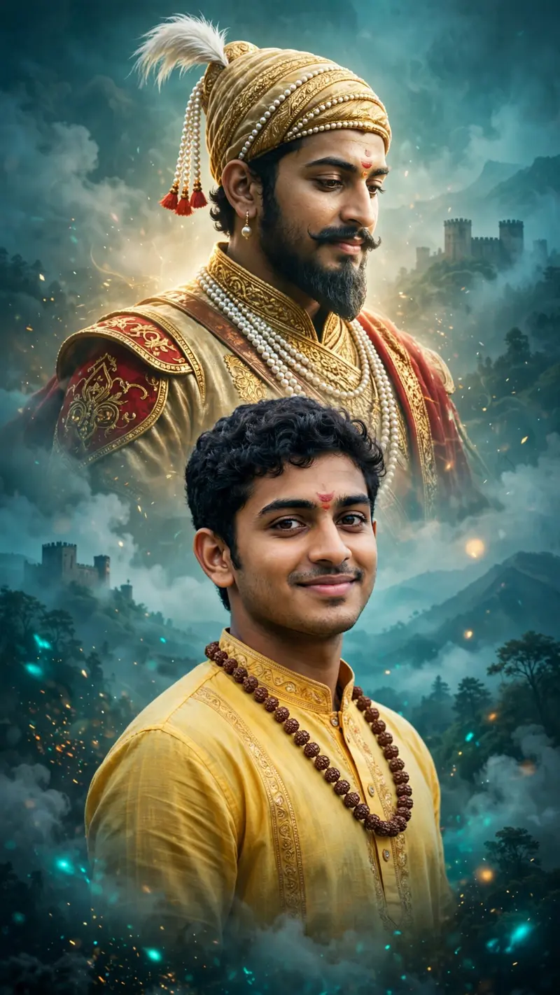 A cinematic spiritual 9:16 portrait of a young man in , smiling calmly with expressive eyes, wearing a yellow kurta, rudraksha necklace, and a small